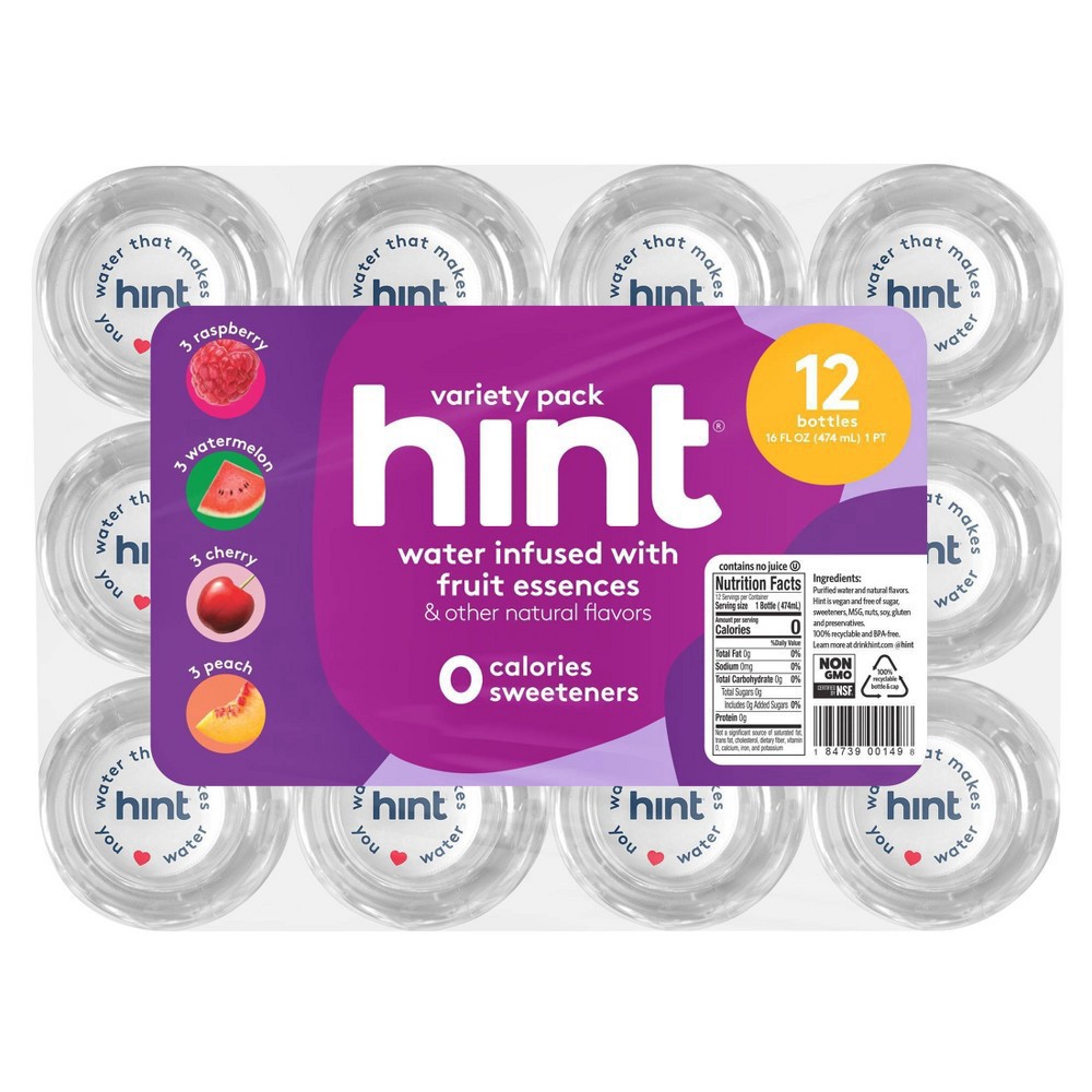 slide 6 of 19, hint Purple Variety Pack Flavored Water - Watermelon, Raspberry, Cherry, and Peach - 12pk/16 fl oz Bottles, 12 ct; 16 fl oz