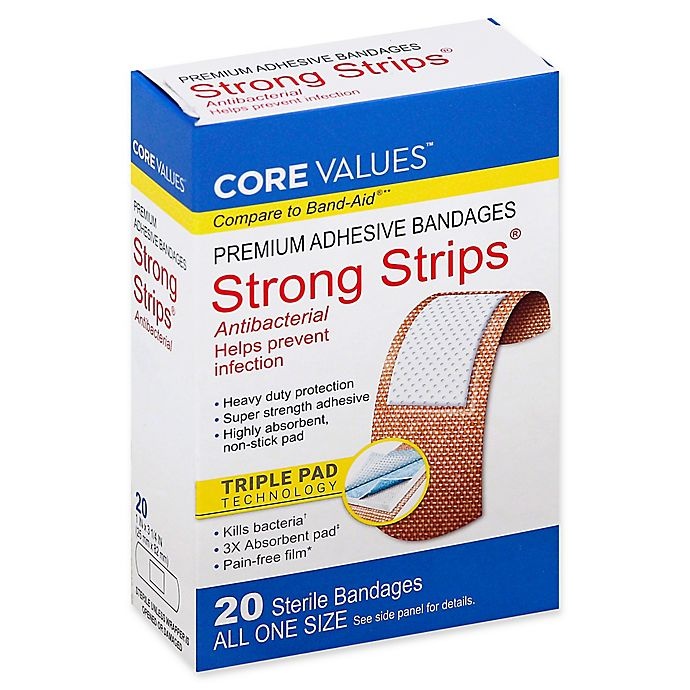 slide 1 of 1, Core Values 1-Inch Premium Antibacterial Strong-Strips Adhesive Bandage, 20 ct