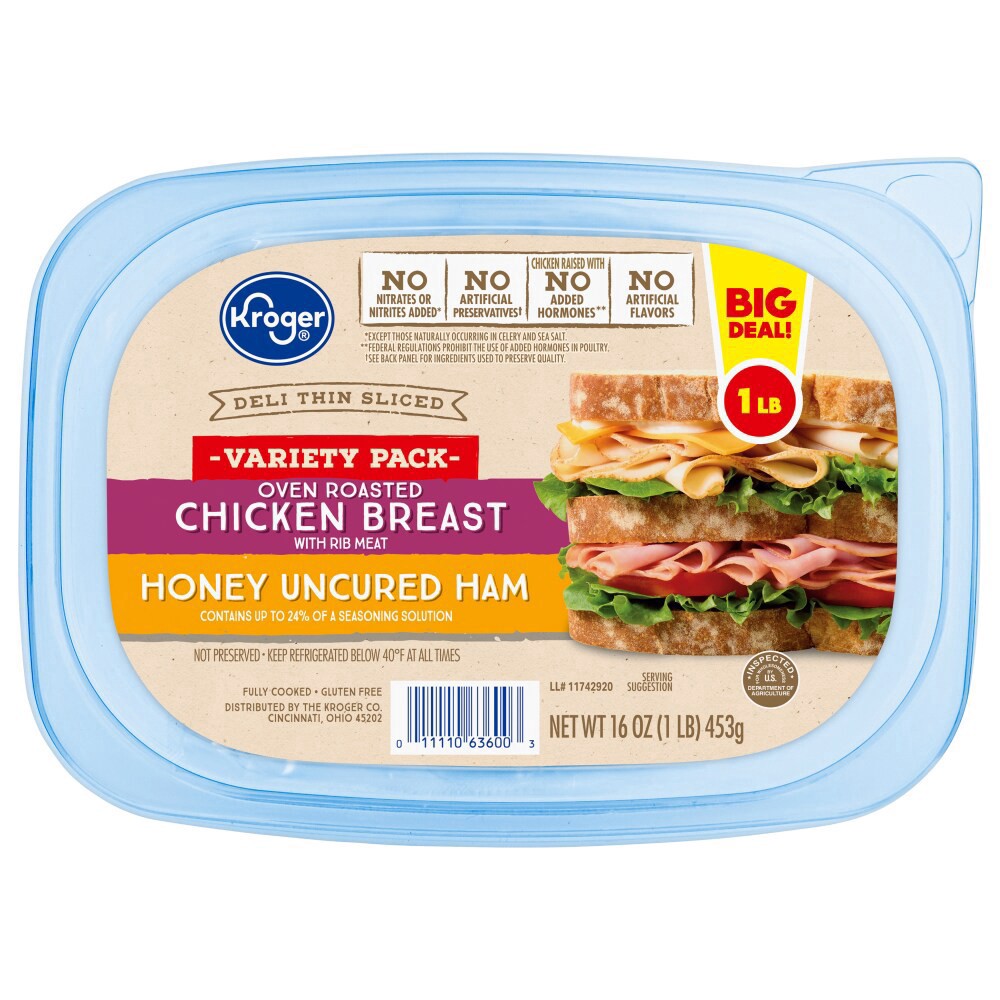slide 1 of 1, Kroger® Deli Thin Sliced Oven Roasted Chicken Breast/Honey Uncured Ham Variety Pack, 16 oz