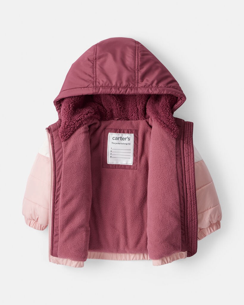 slide 5 of 5, Carter's Baby Girl 2-Piece Color Block Hooded Snowsuit Jacket & Bib Set - Pink/Red Maroon 12M, 2 pc