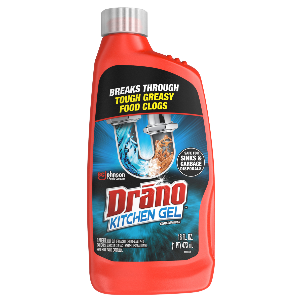 slide 1 of 1, Drano Kitchen Gel, Greasy Clog Remover for Unclogging Garbage Disposals & Sinks, 16 oz, 16 fl oz