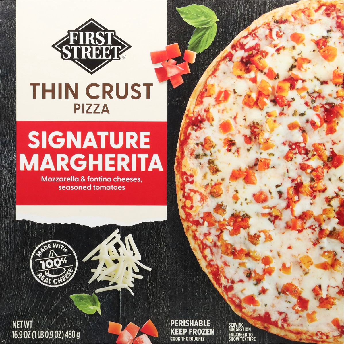 slide 11 of 12, First Street Thin Crust Classic Margherita Pizza, 16.9 oz