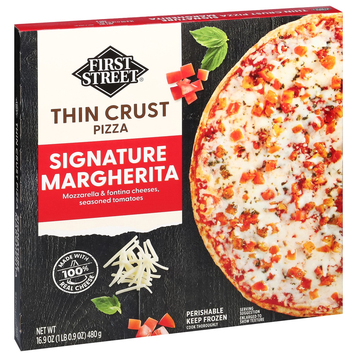 slide 9 of 12, First Street Thin Crust Classic Margherita Pizza, 16.9 oz