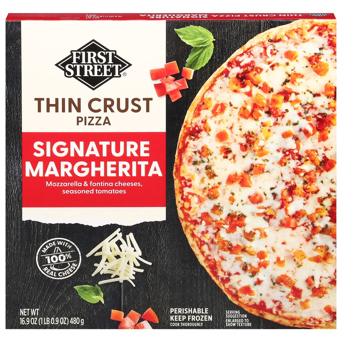 slide 1 of 12, First Street Thin Crust Classic Margherita Pizza, 16.9 oz