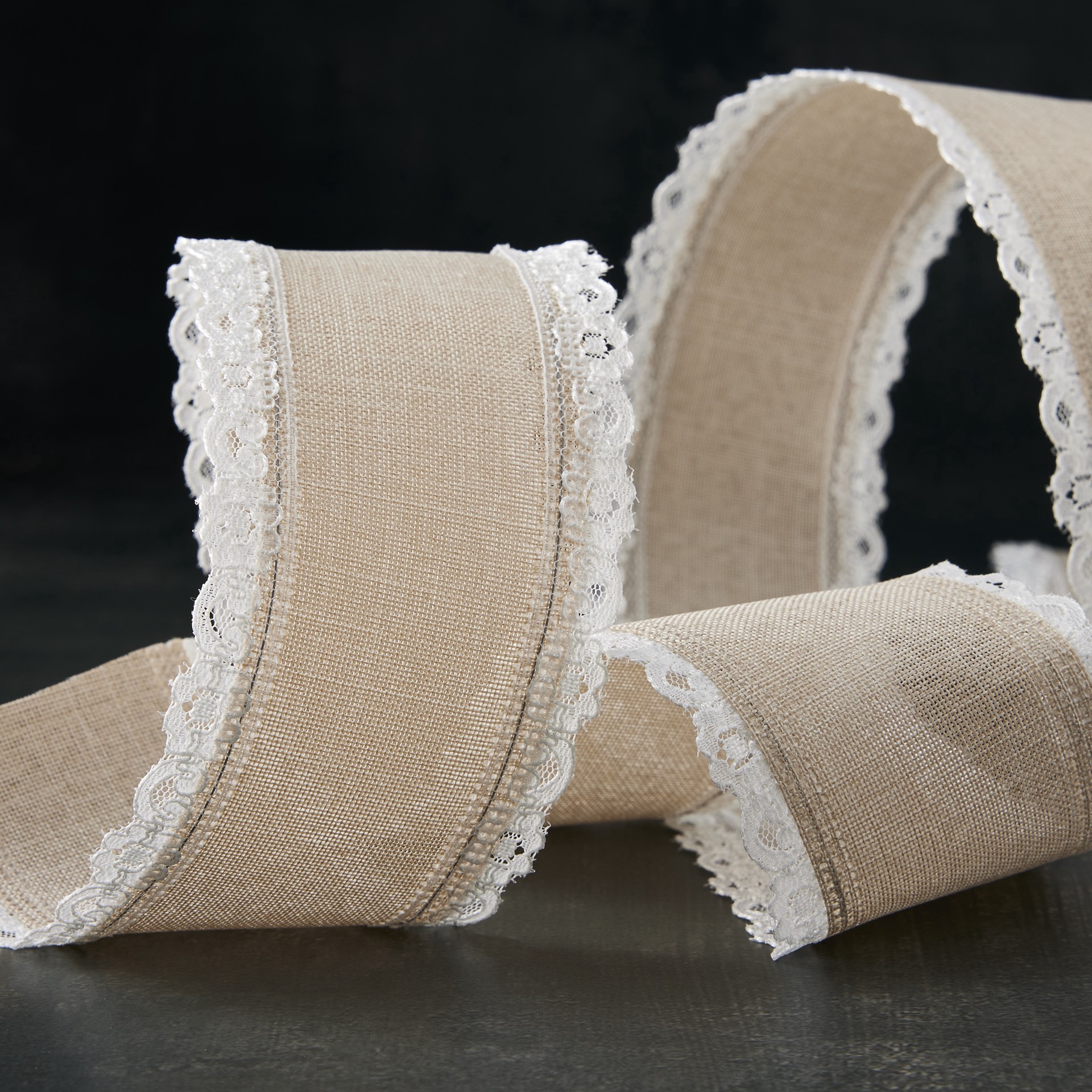 slide 4 of 4, 2.5" X 3yd. Faux Linen & Lace Wired Ribbon By Celebrate It, 2.5 in x 3 yd