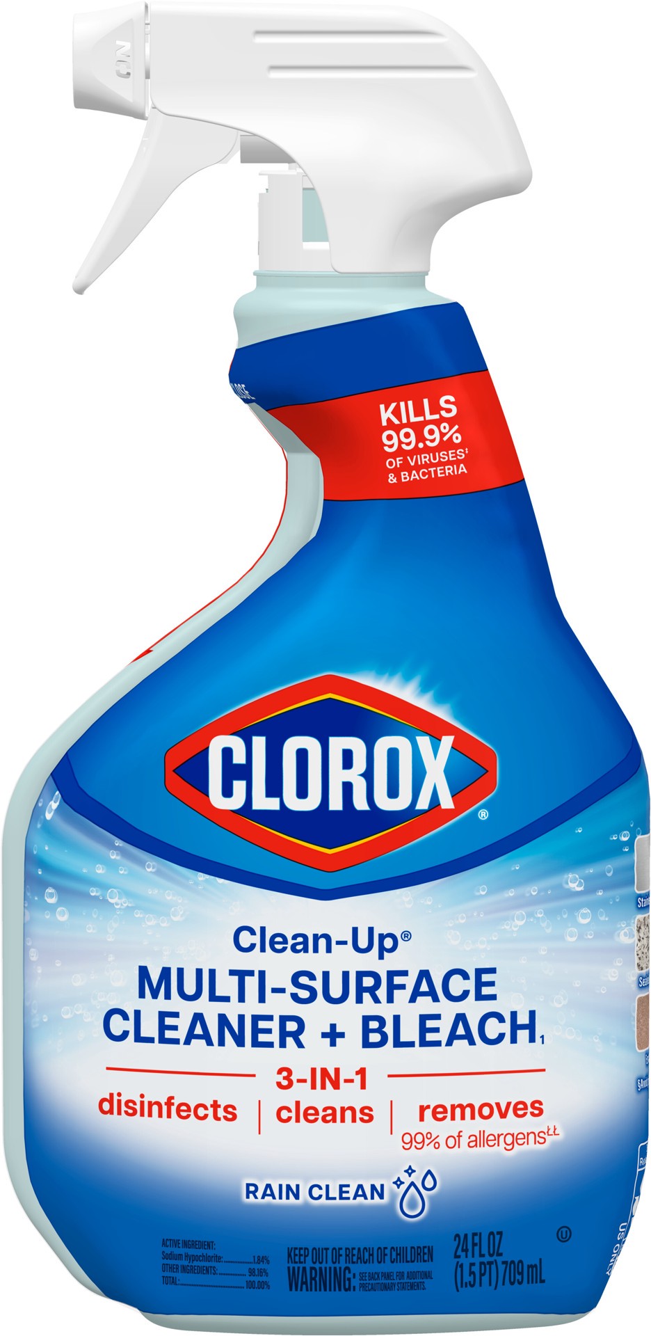 slide 1 of 5, Clorox Clean-Up Multi-Surface Cleaner with Bleach, Rain Clean, Spray Bottle, 24 Fluid Ounces, 24 oz