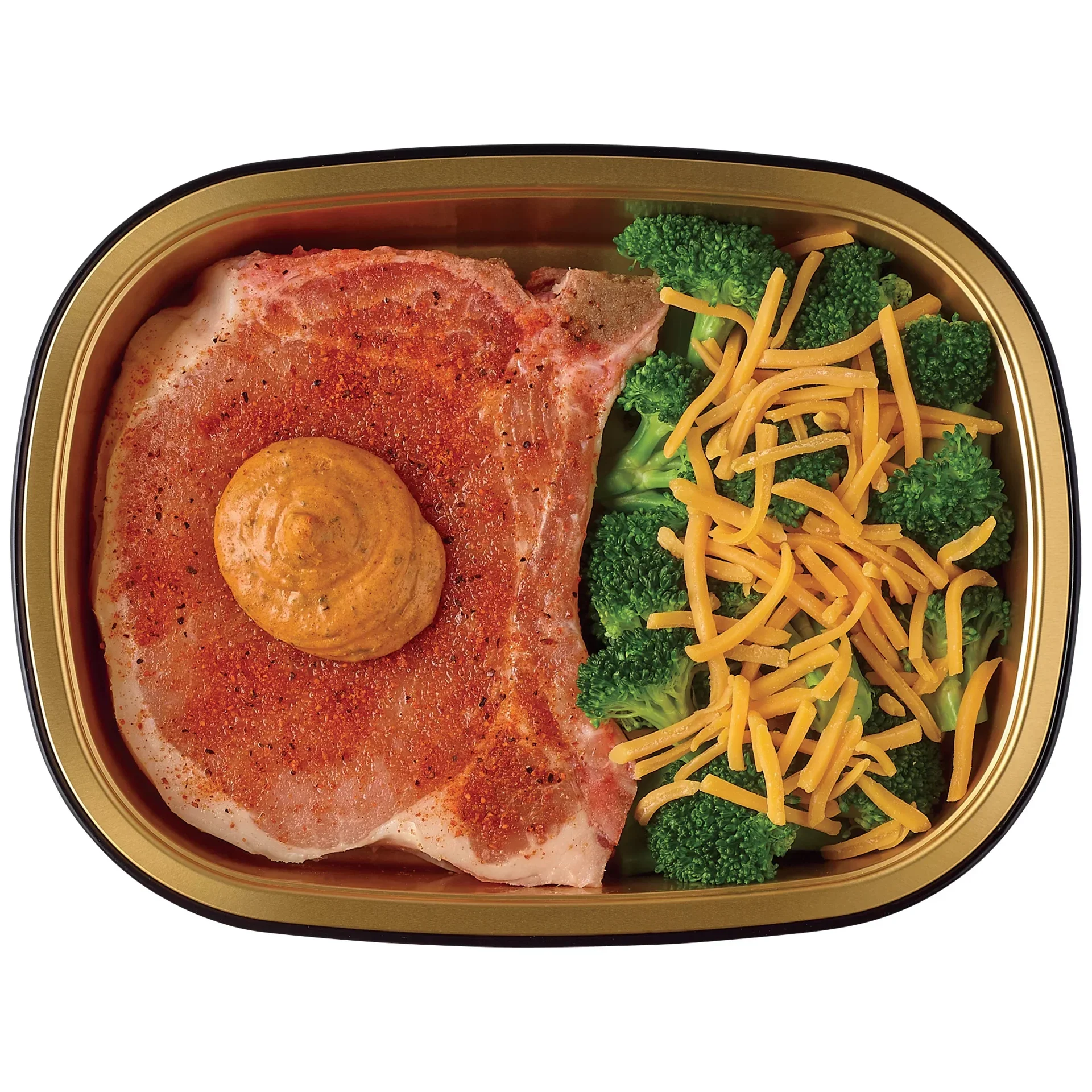 slide 1 of 1, Meal Simple by H-E-B Seasoned Bone-in Pork Rib Chop & Cheesy Broccoli, per lb