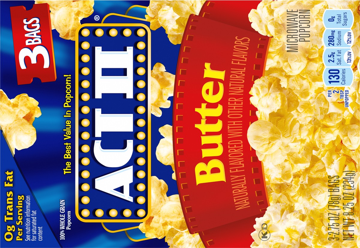 slide 6 of 13, ACT II Butter Microwave Popcorn, 3-Count 2.75-oz. Bags, 3 ct
