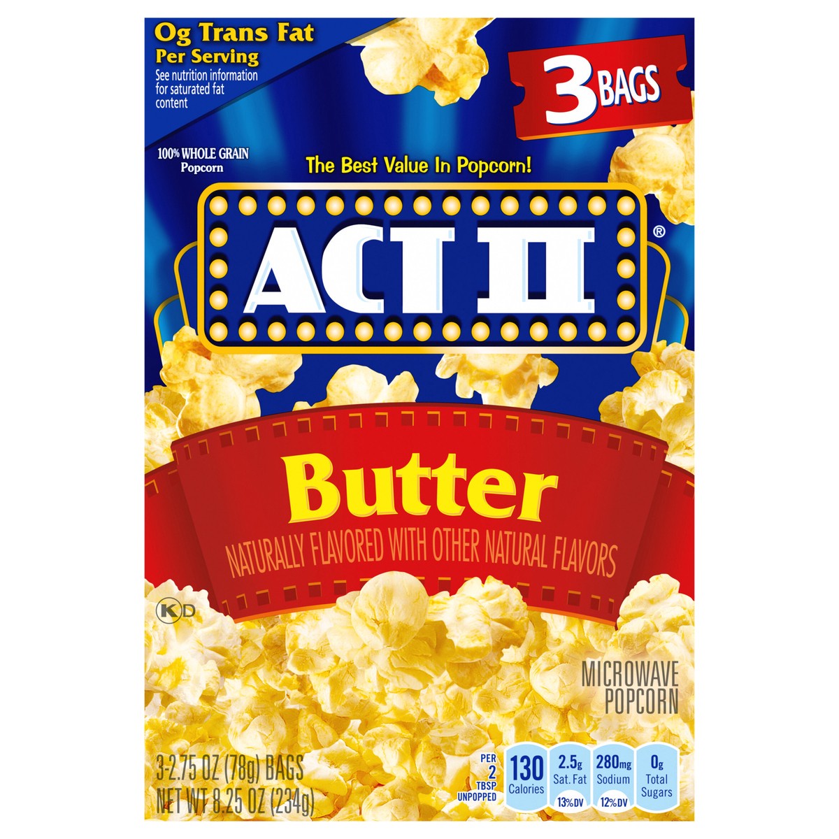 slide 1 of 13, ACT II Butter Microwave Popcorn, 3-Count 2.75-oz. Bags, 3 ct