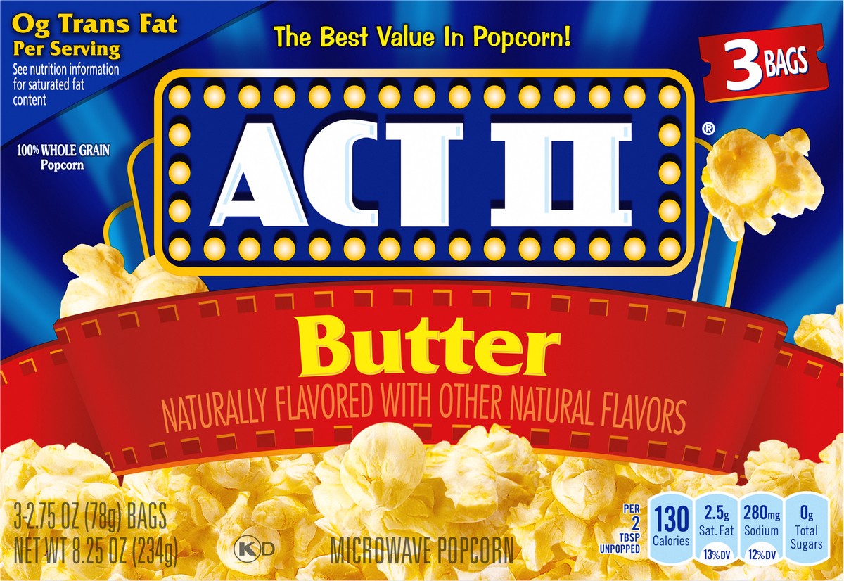 slide 10 of 13, ACT II Butter Microwave Popcorn, 3-Count 2.75-oz. Bags, 3 ct