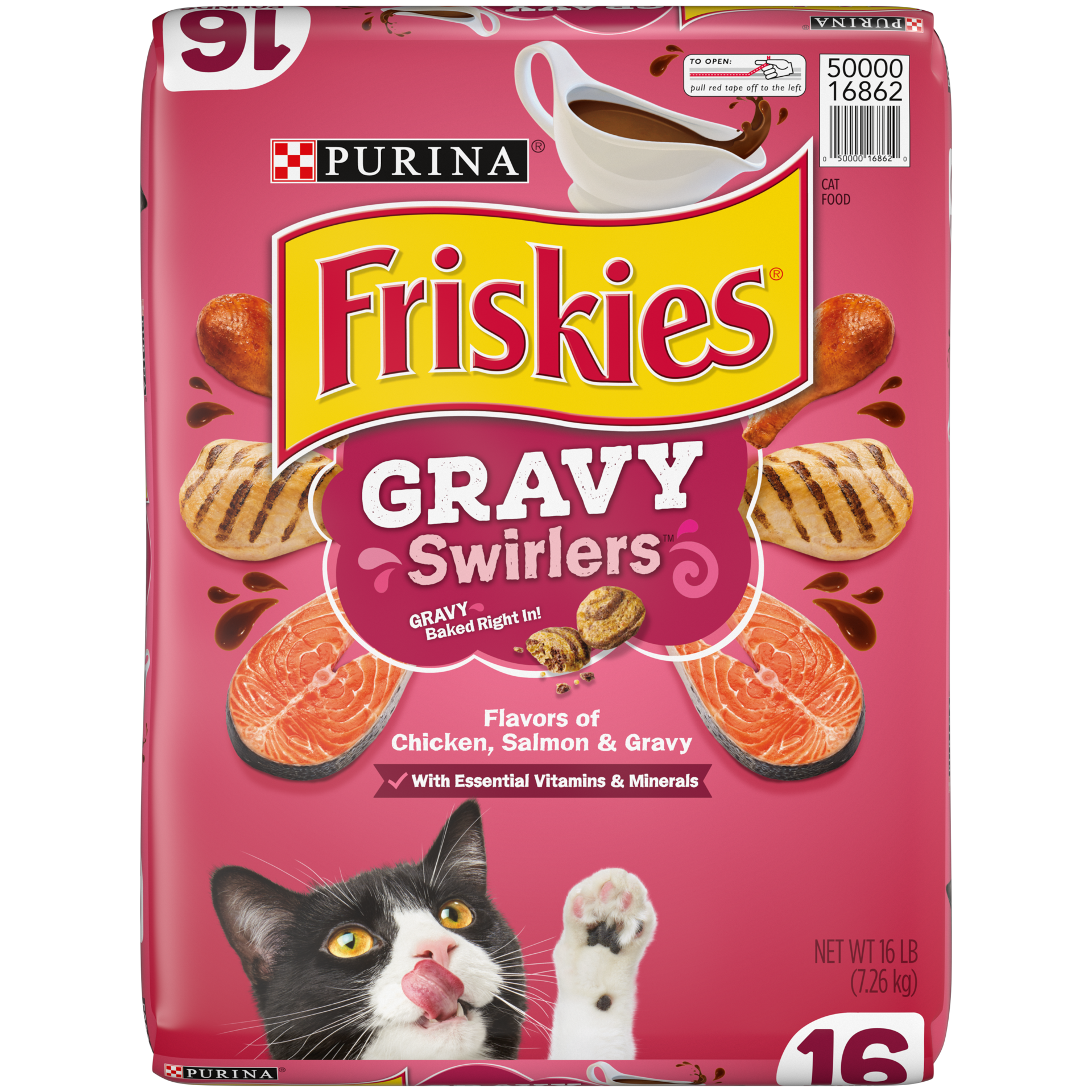 slide 1 of 9, Purina Friskies Gravy Swirlers with Flavors of Chicken, Salmon & Gravy Adult Complete & Balanced Dry Cat Food - 16lbs, 