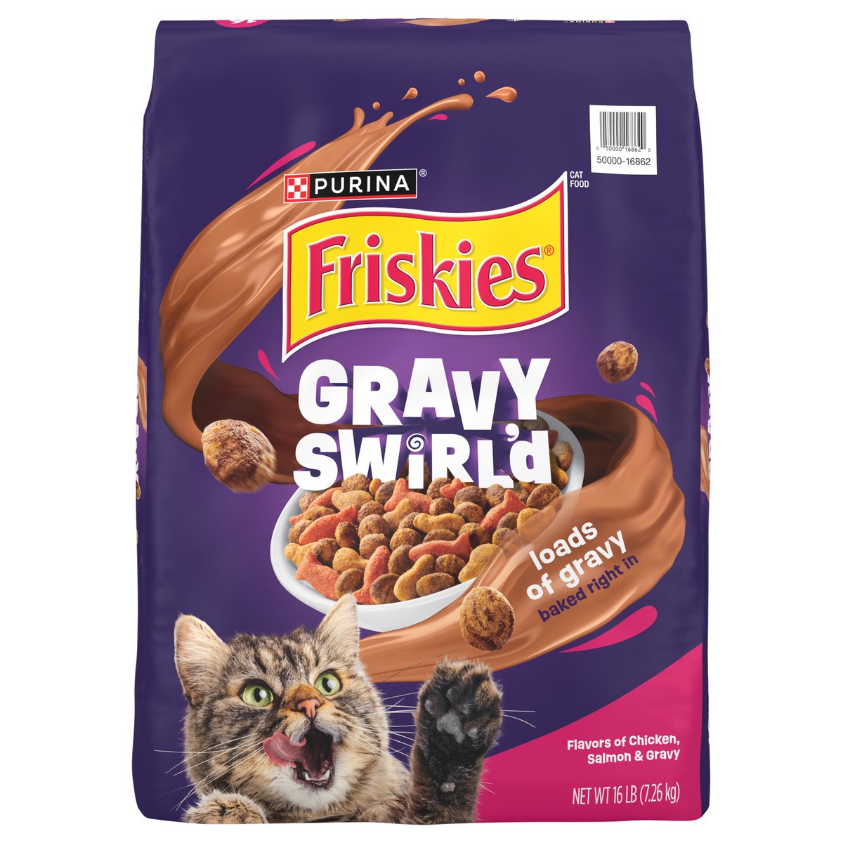 slide 1 of 9, Friskies Purina Friskies Dry Cat Food Gravy Swirl'd With Flavors of Chicken, Salmon and Gravy - 16 lb. Bag, 16 lb