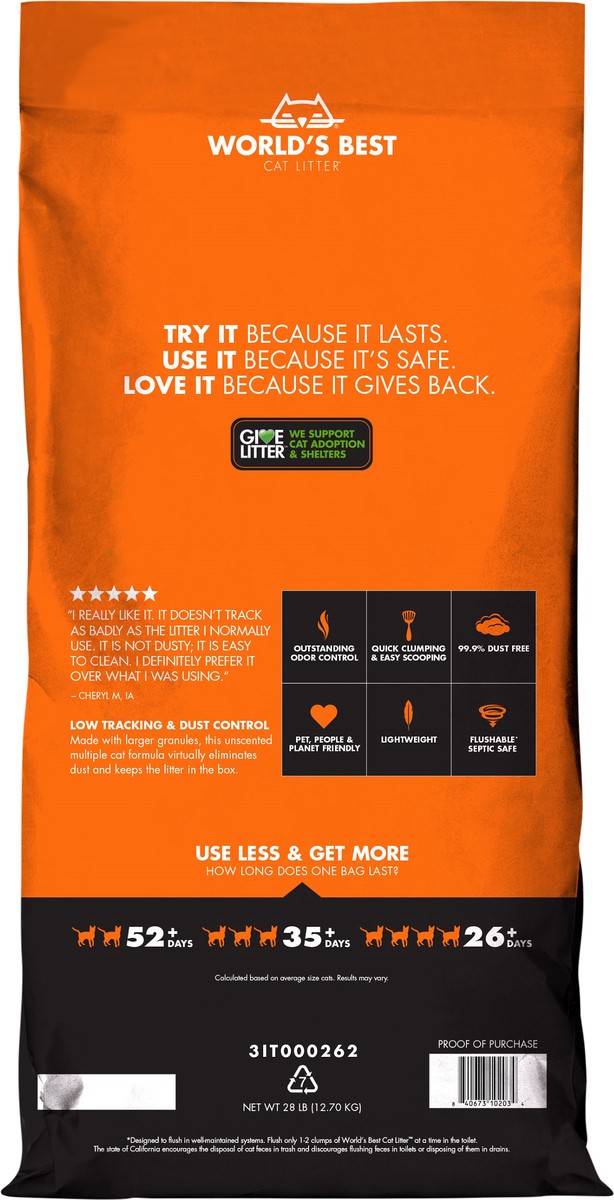 slide 4 of 7, World's Best Cat Litter World’s Best Cat Litter Low Tracking & Dust Control Multiple Cat Unscented 28 LBS, 28 lb