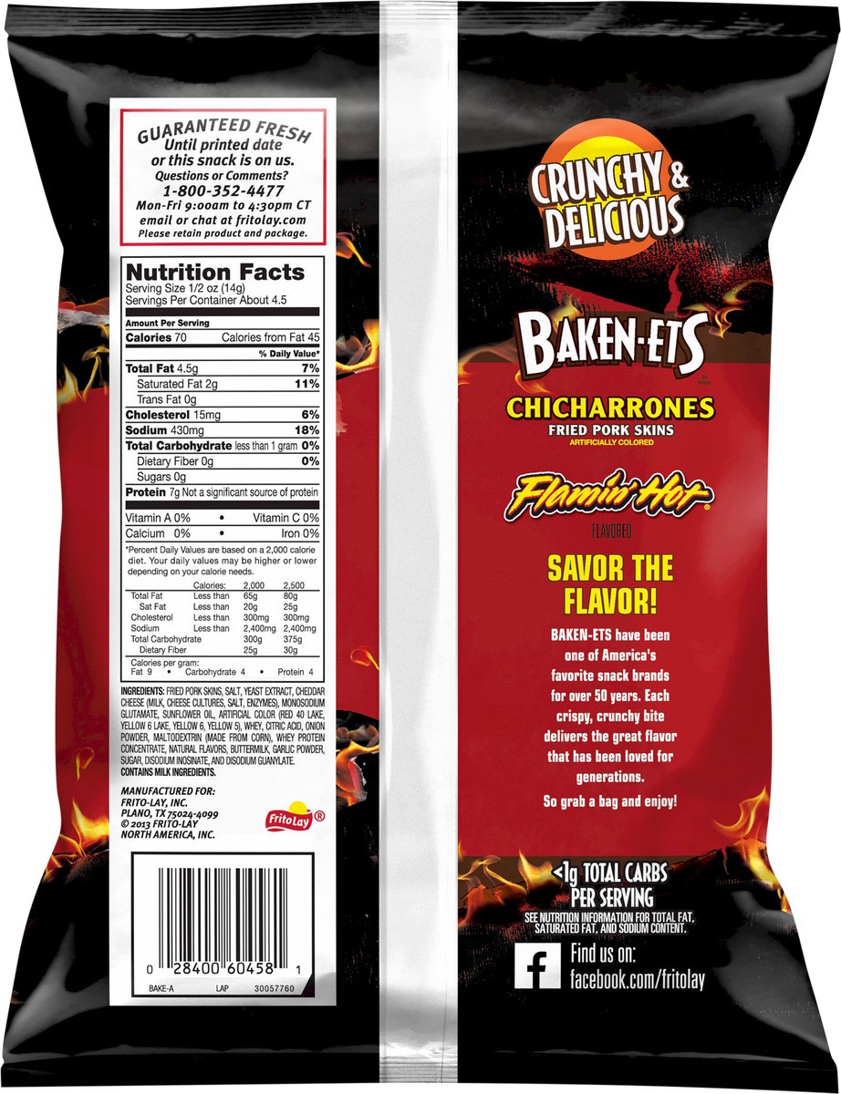 slide 4 of 9, Baken-ets Chicharrones Flavored Fried Pork Skins Flamin' Hot 2 1/8 Oz, 2.12 oz