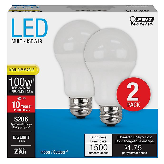 slide 3 of 3, Feit Electric A19 100-Watt LED Light Bulb - Soft White, 2 ct