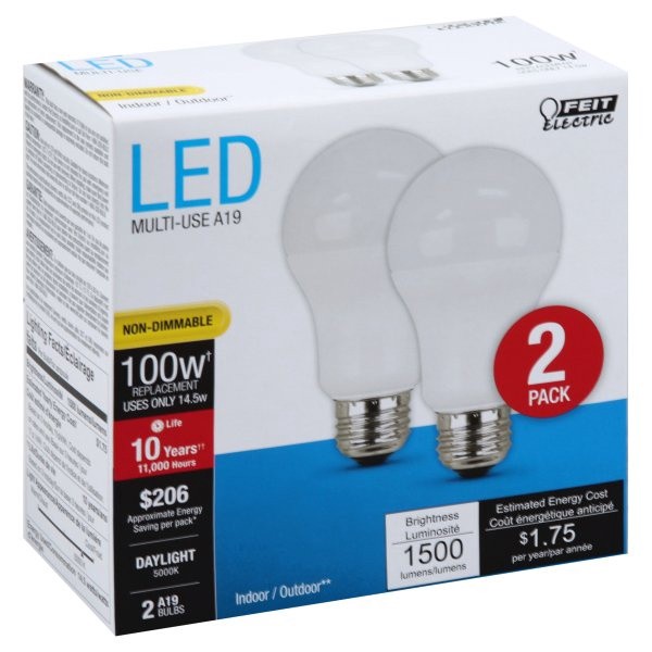 slide 1 of 3, Feit Electric A19 100-Watt LED Light Bulb - Soft White, 2 ct