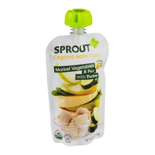 slide 1 of 1, Sprout Baby Food Pouch Market Vegetables & Pear with Turkey, 4.5 oz