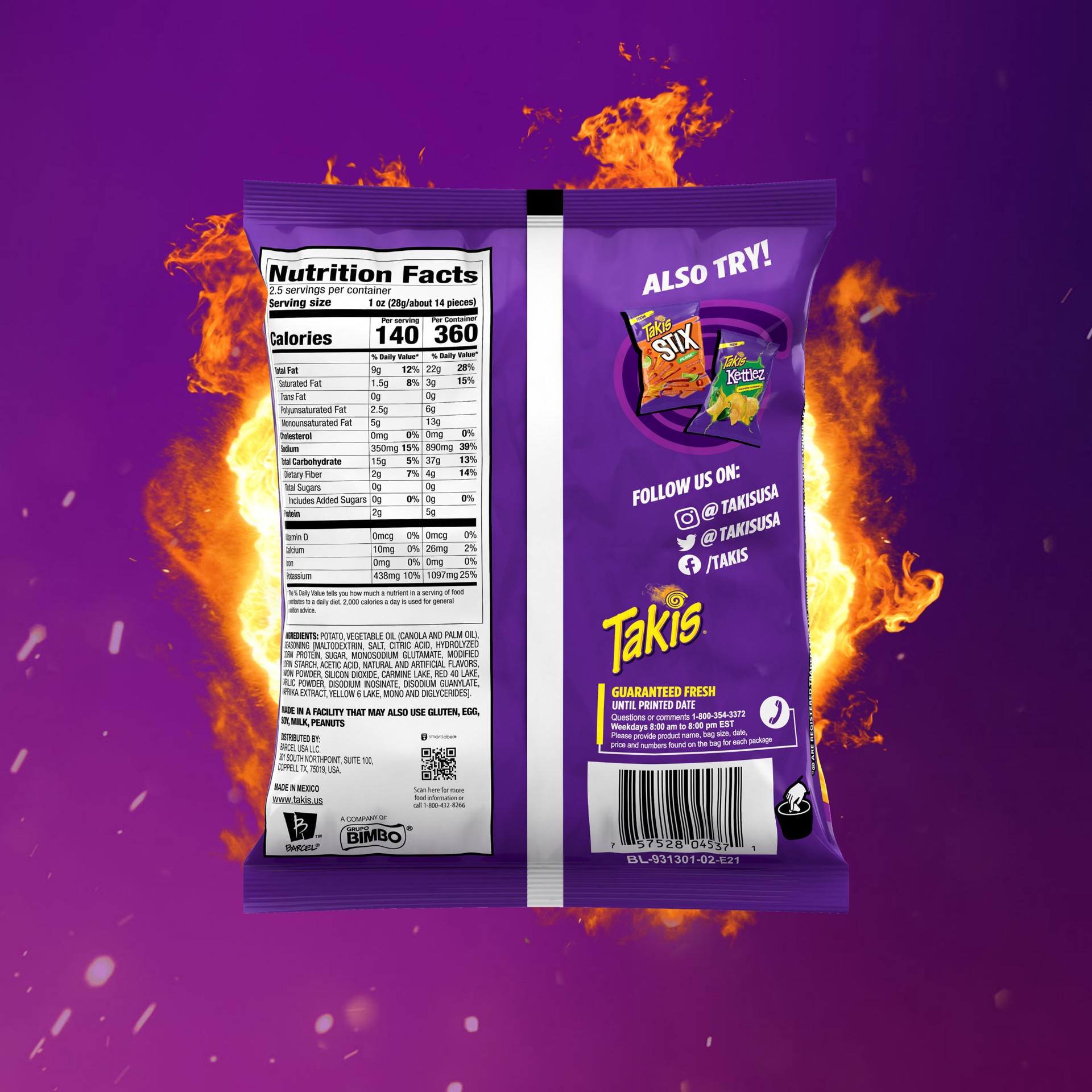 slide 7 of 7, Takis Fuego Waves 2.5 oz Snack Size Bag, Hot Chili Pepper & Lime Flavored Extreme Spicy Wavy Potato Chips, 2.5 oz