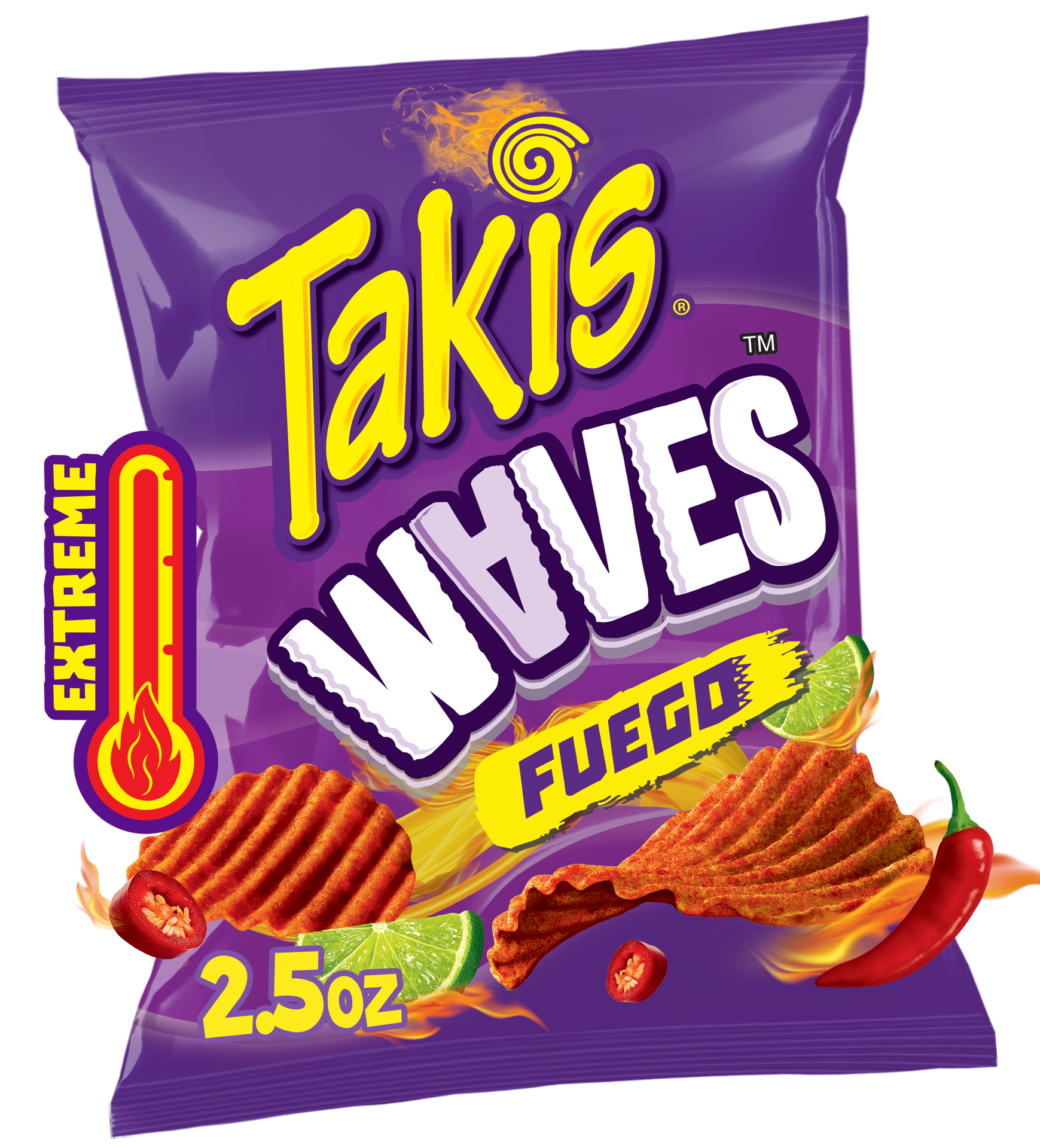 slide 1 of 7, Takis Fuego Waves 2.5 oz Snack Size Bag, Hot Chili Pepper & Lime Flavored Extreme Spicy Wavy Potato Chips, 2.5 oz