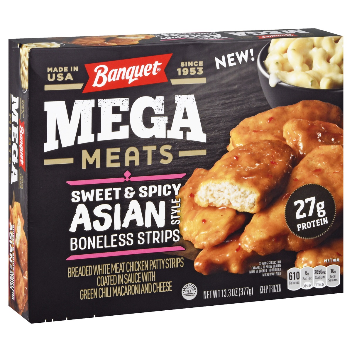 slide 2 of 9, Banquet Mega Meats Sweet and Spicy Asian Style Boneless Chicken Strips Frozen Meal, 13.3 oz., 13.3 oz