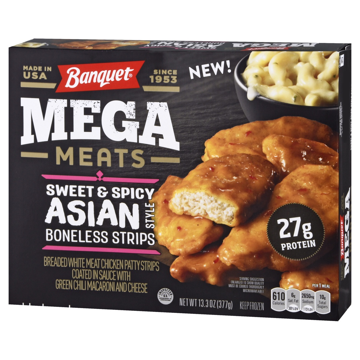 slide 3 of 9, Banquet Mega Meats Sweet and Spicy Asian Style Boneless Chicken Strips Frozen Meal, 13.3 oz., 13.3 oz