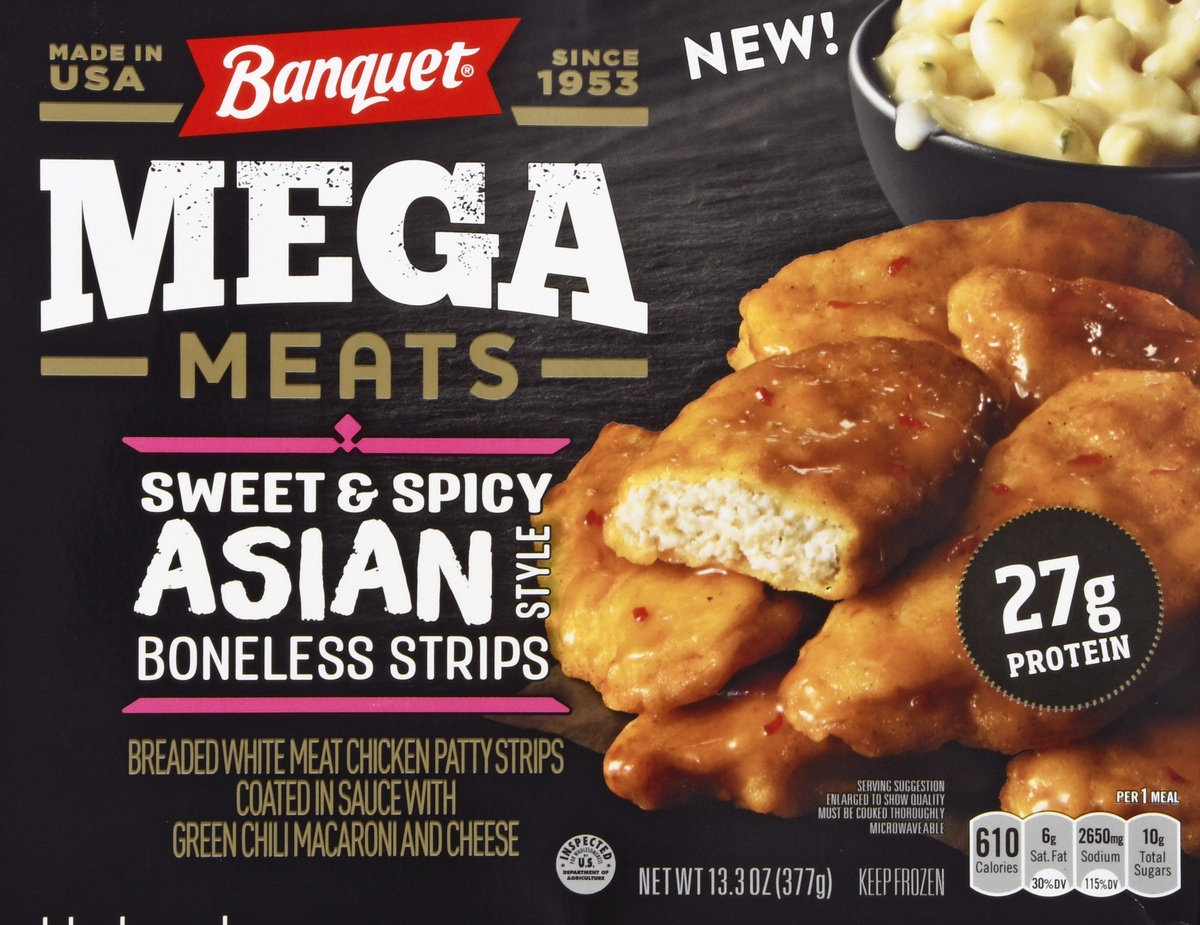 slide 6 of 9, Banquet Mega Meats Sweet and Spicy Asian Style Boneless Chicken Strips Frozen Meal, 13.3 oz., 13.3 oz