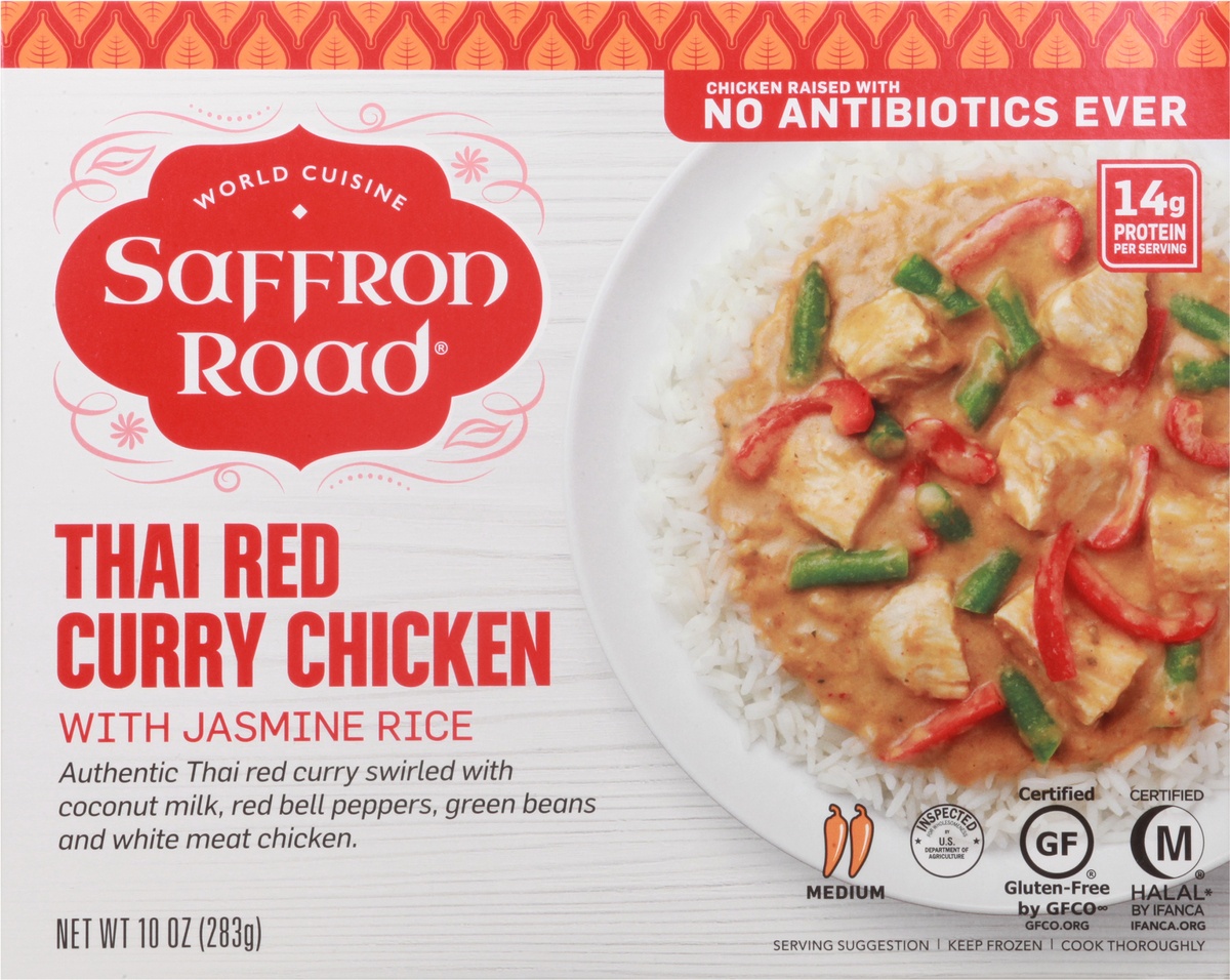 slide 6 of 9, Saffron Road Thai Red Curry Chicken With Jasmine Rice Frozen Entree, 10 oz