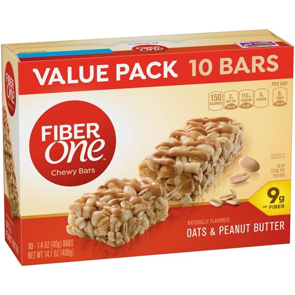 slide 1 of 1, Fiber One Chewy Oats & Peanut Butter BarsValue Pack Box, 10 ct; 1.4 oz