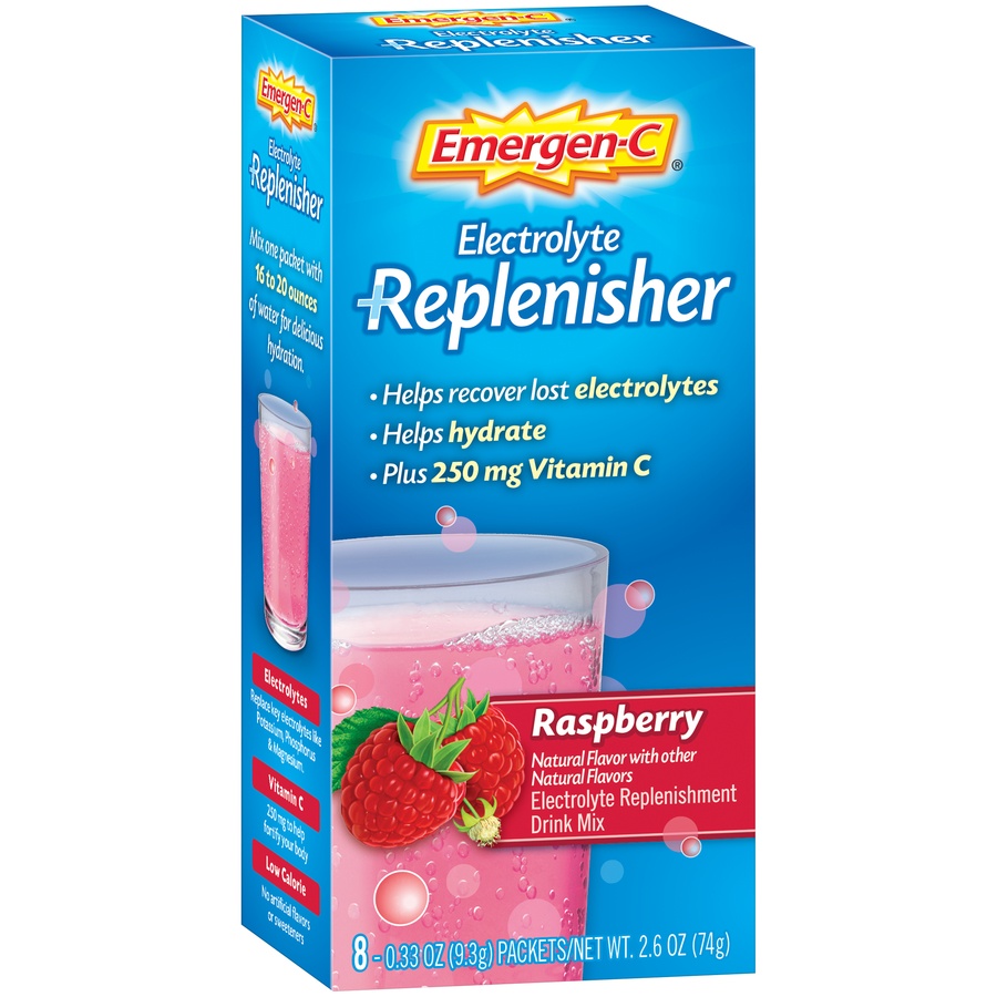 slide 2 of 8, Emergen-C  Emergen-C Electrolyte Replenisher Raspberry Electrolyte Replenishment Drink Mix, 90 ct; 0.33 oz