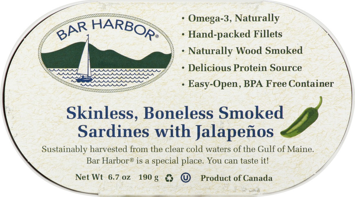 slide 2 of 3, Bar Harbor Smoked Boneless Skinless Sardines with Jalapenos 6.7 oz, 6.7 oz