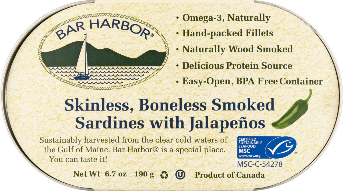 slide 1 of 3, Bar Harbor Smoked Boneless Skinless Sardines with Jalapenos 6.7 oz, 6.7 oz