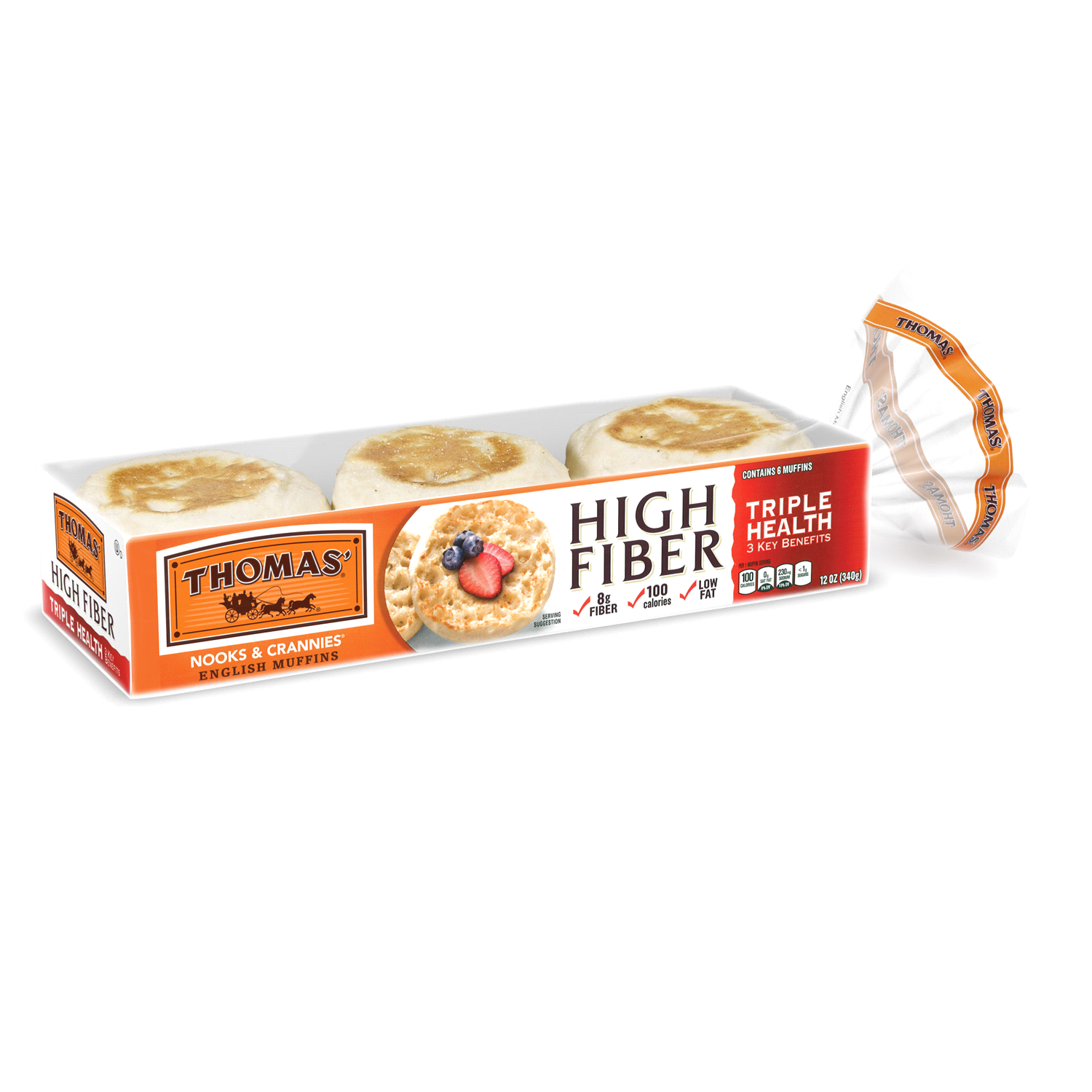 slide 2 of 2, Thomas' Plain High Fiber English Muffin, 6 ct; 12 oz