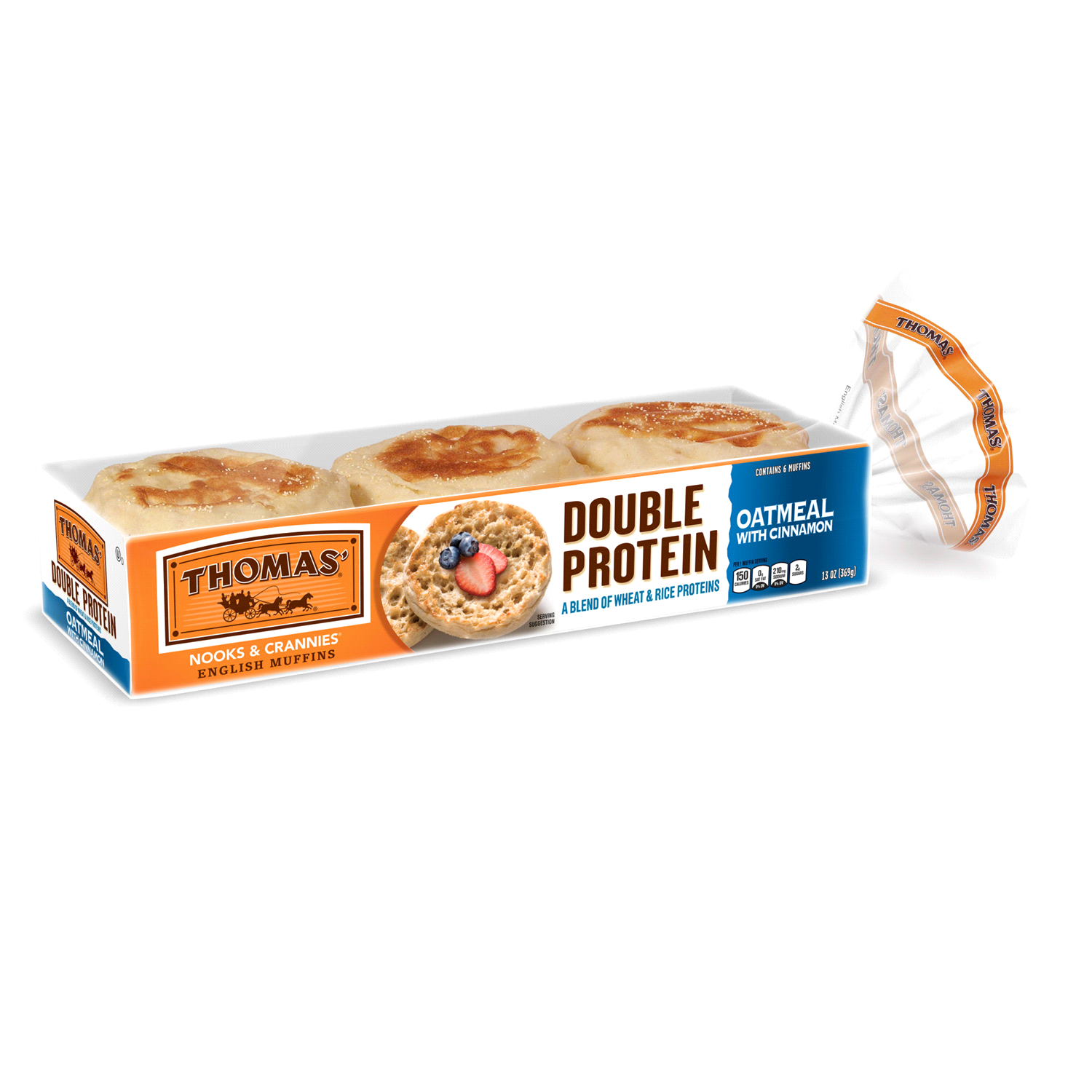slide 2 of 2, Thomas' Double Protein Oatmeal English Muffins, 13 oz