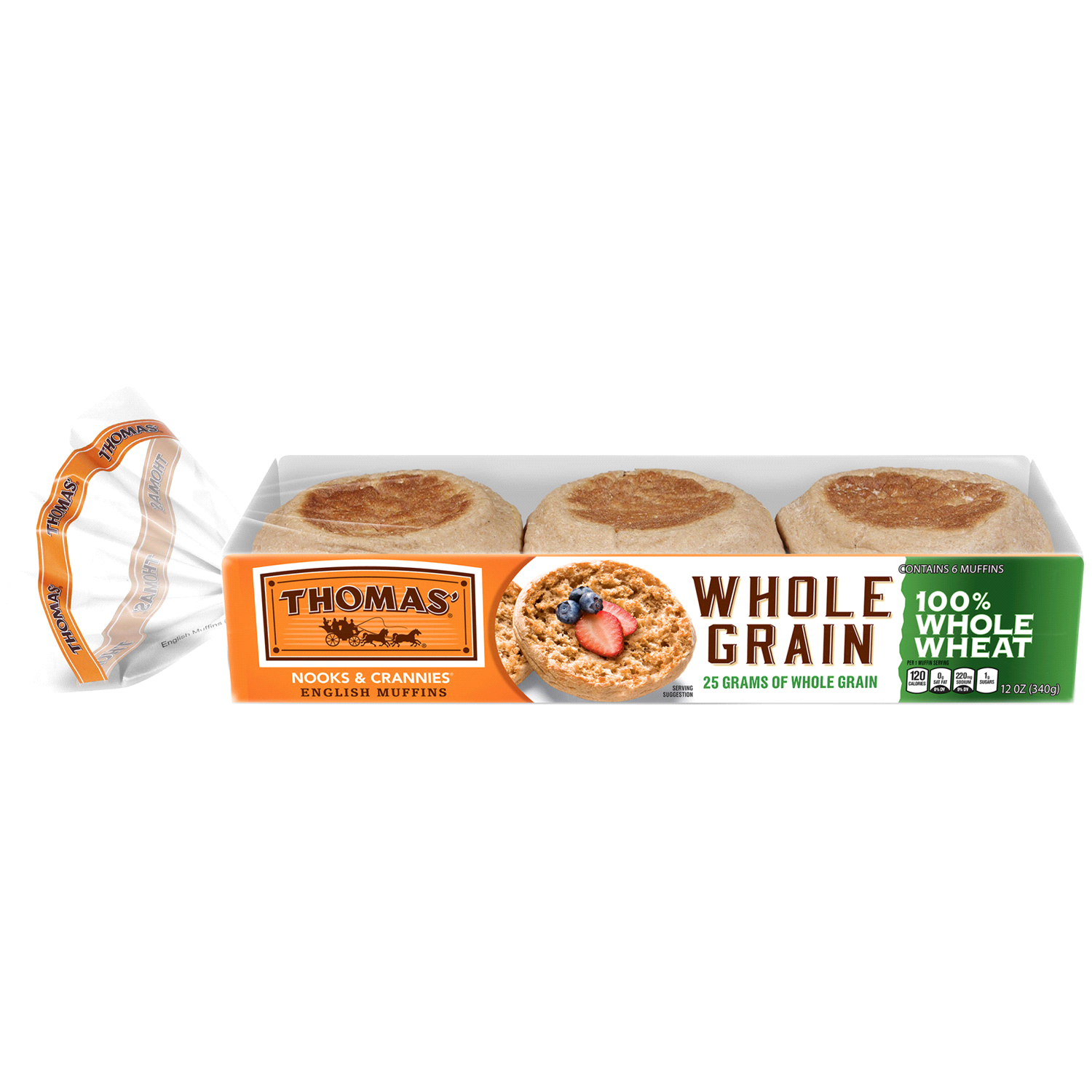 slide 1 of 1, Thomas' Whole Wheat English Muffins, 6 count, 12 oz, 6 ct