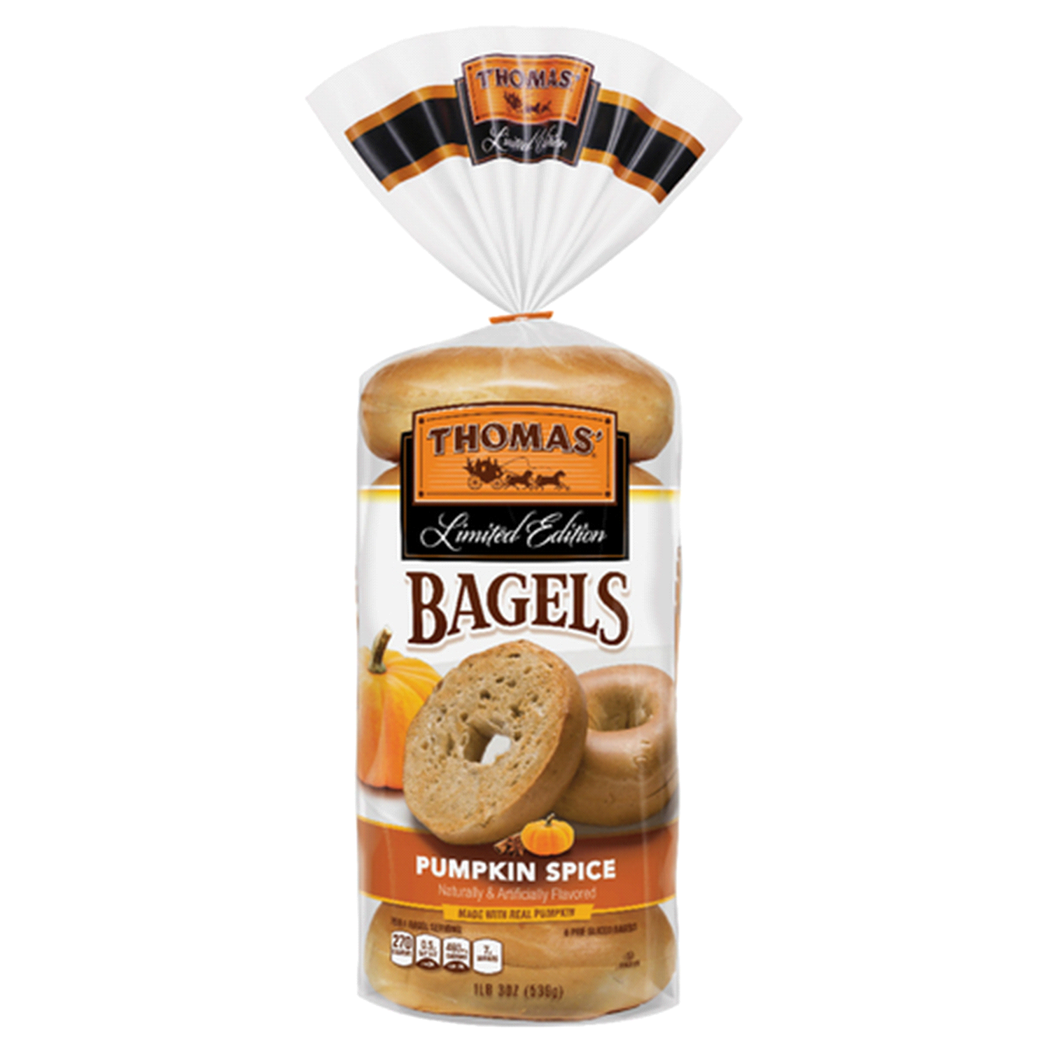 slide 1 of 1, Entenmann's Thomas' Pumpkin Spice Pre-sliced Bagels, 6 count, 19 oz, 6 ct; 19 oz