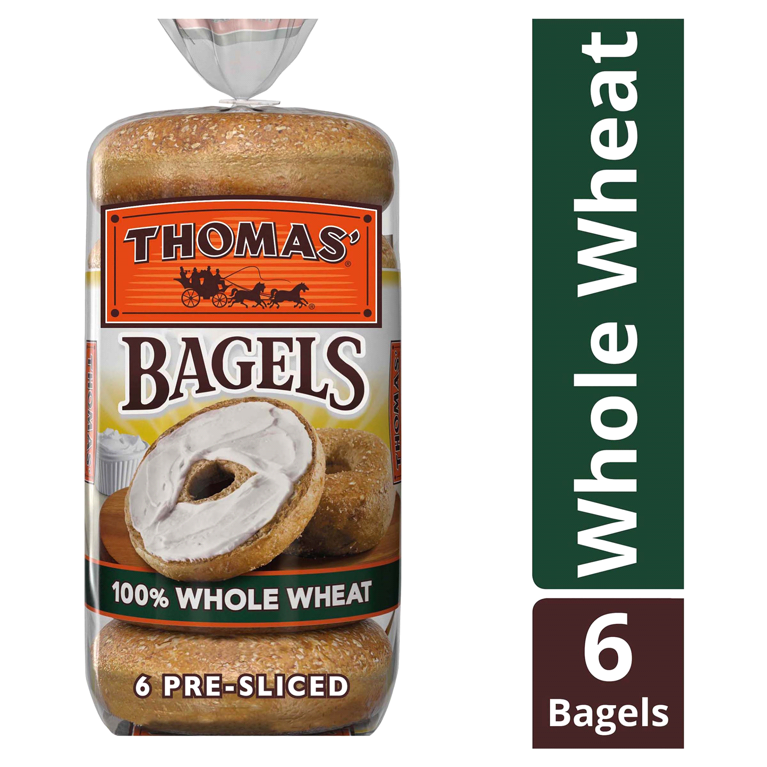 slide 1 of 5, Thomas' Whole Wheat Bagels, 6 count, 20 oz, 6 ct
