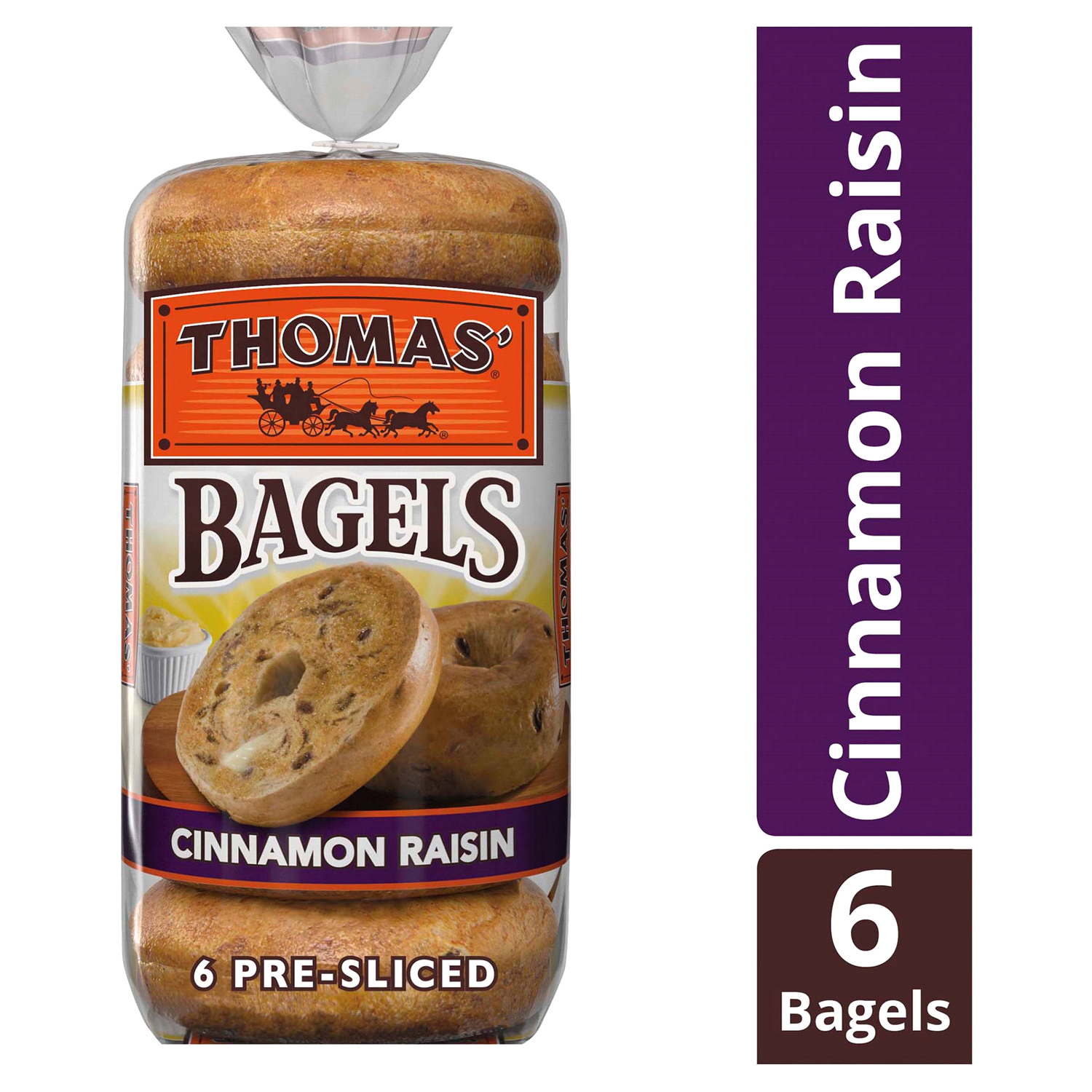 slide 1 of 5, Thomas' Cinnamon Raisin Bagels, 6 count, 20 oz, 6 ct