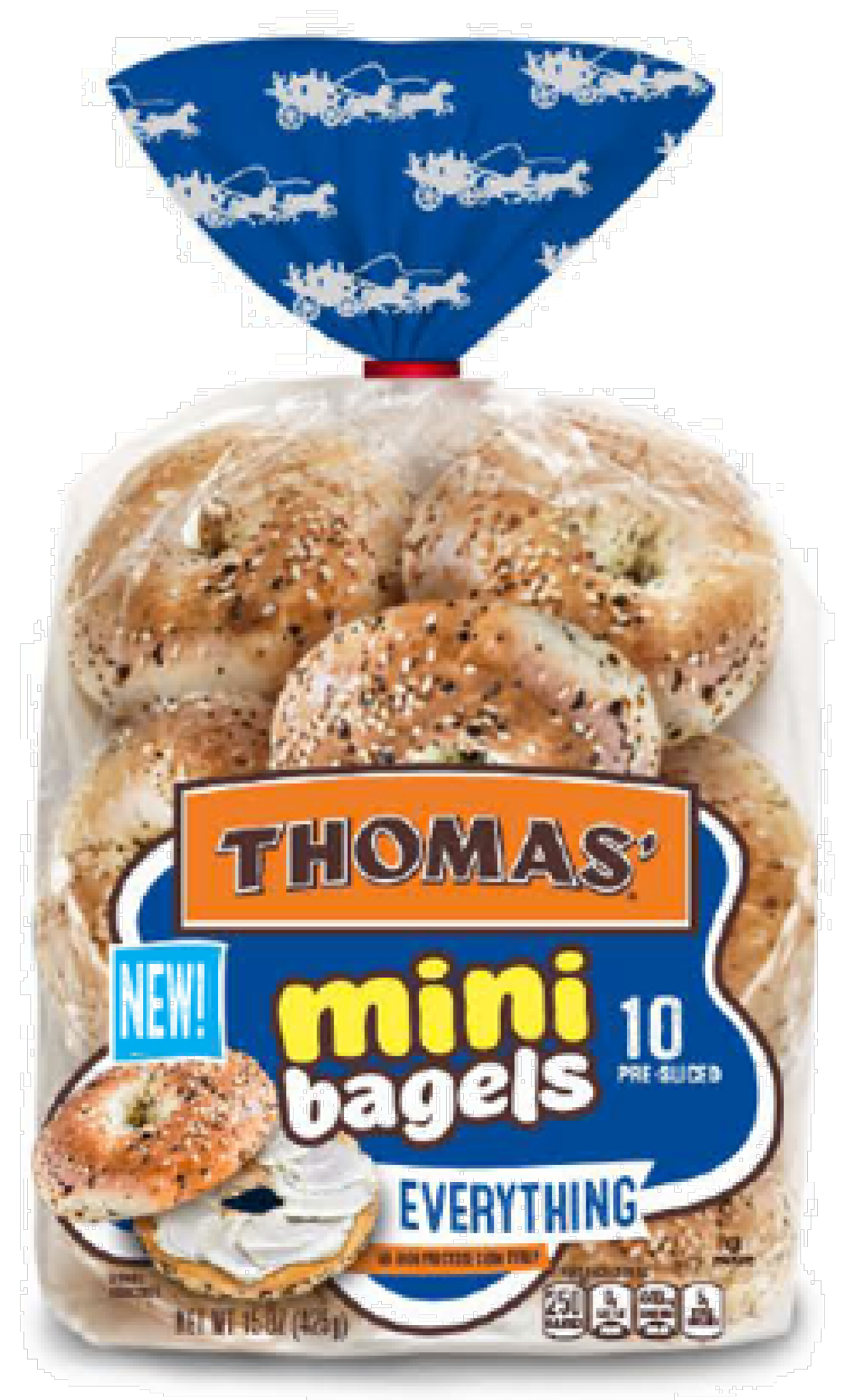 slide 1 of 1, Thomas' Everything Pre-sliced Mini Bagels, 10 count, 15 oz, 10 ct