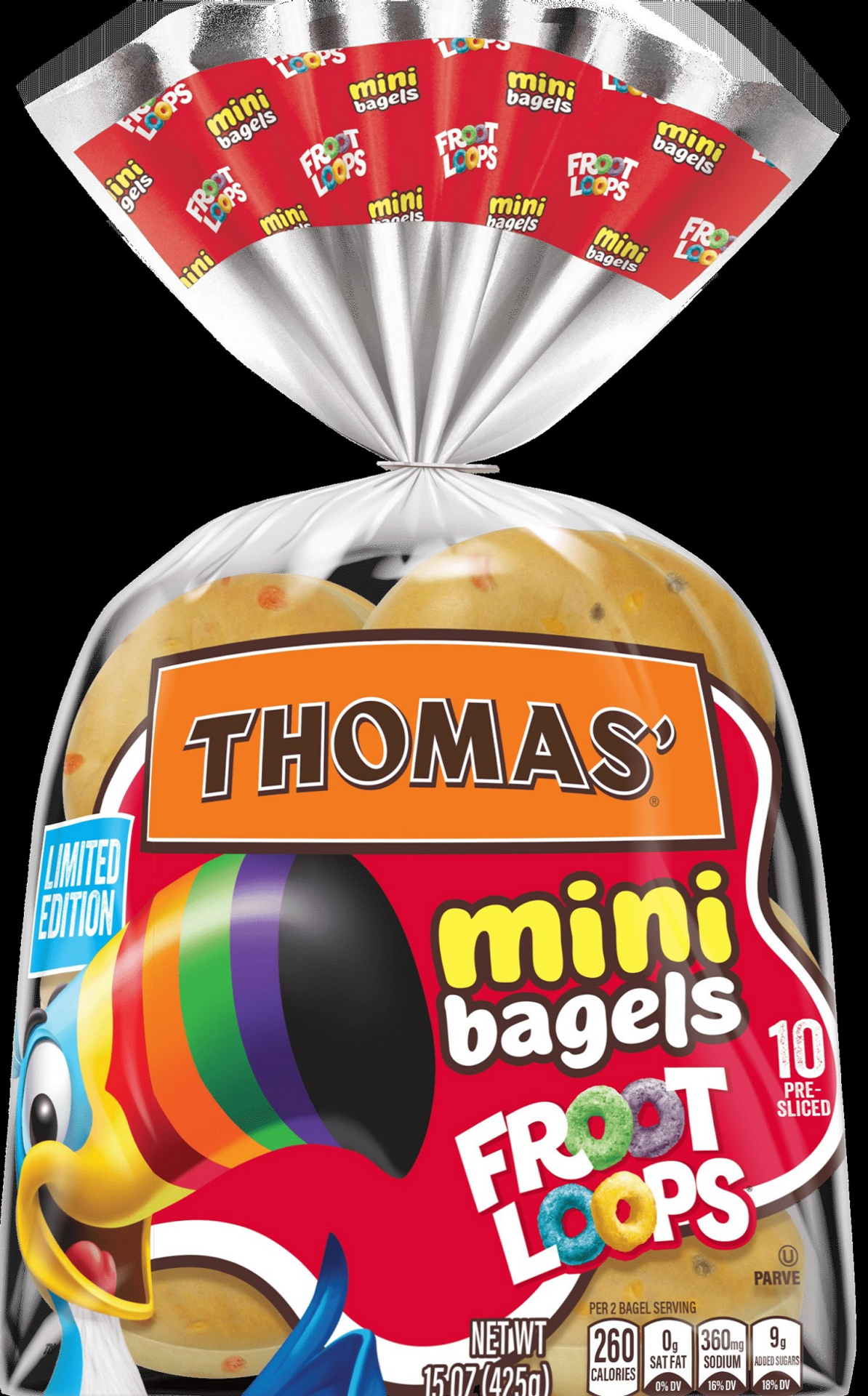 slide 1 of 1, Thomas' Froot Loops Mini Bagels, 10 count, Pre-sliced Bagels, 15 oz Bag, 16 oz