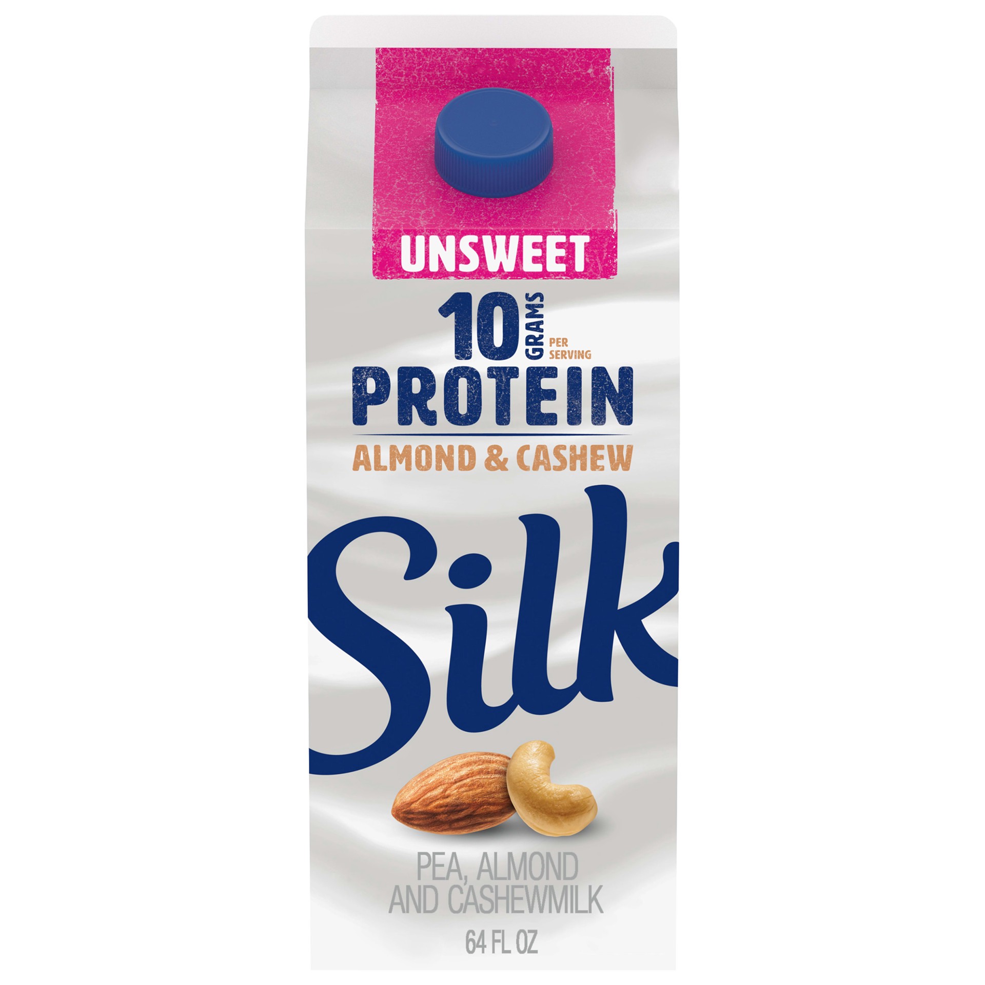 slide 1 of 8, Silk Protein Pea, Almond & Cashew Milk, Unsweetened, Dairy-Free, Vegan, Non-GMO Project Verified, Half Gallon, 64 fl oz