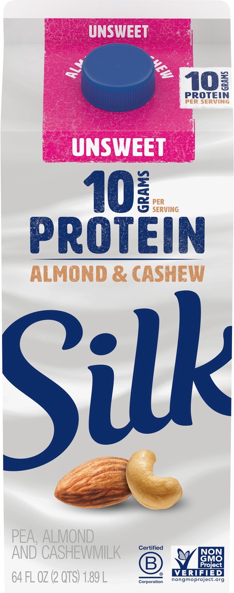 slide 7 of 8, Silk Protein Pea, Almond & Cashew Milk, Unsweetened, Dairy-Free, Vegan, Non-GMO Project Verified, Half Gallon, 64 fl oz