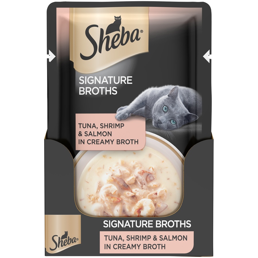 slide 1 of 1, Sheba Signature Broths Cat Complement Tuna, Shrimp & Salmon in Creamy Broth, 1.4 oz