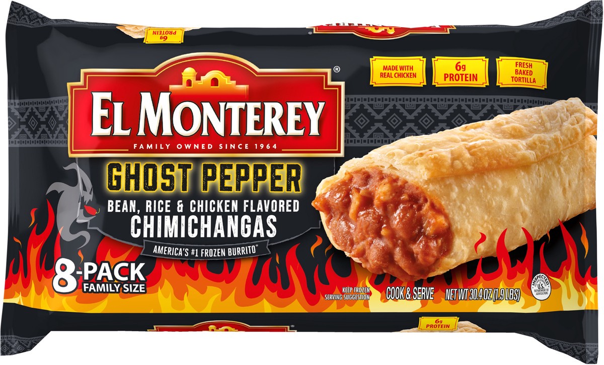 El Monterey Ghost Pepper Bean, Rice, & Chicken Chimichangas 864g