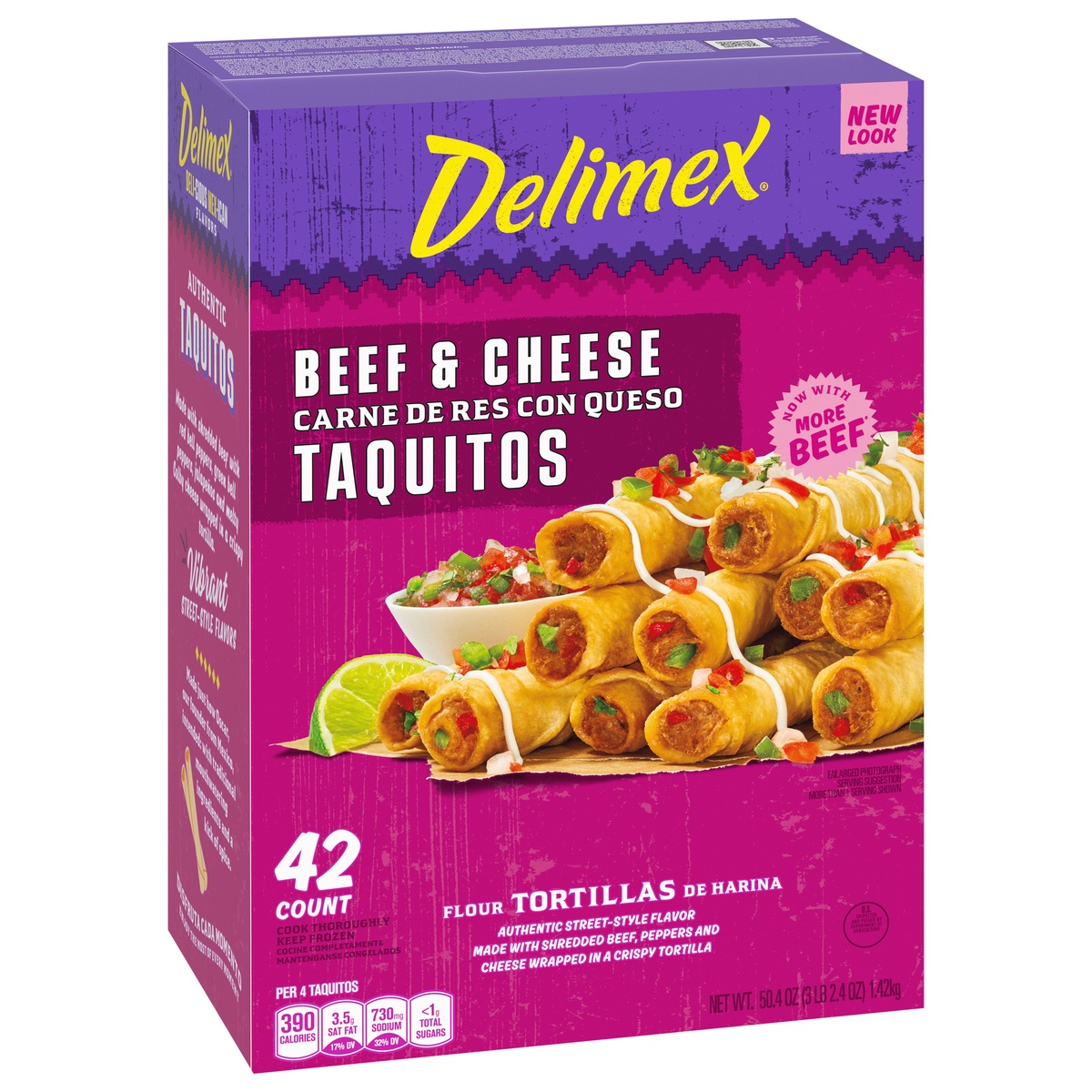 slide 2 of 9, Delimex Beef & Cheese Large Flour Taquitos Frozen Snacks, 42 ct Box, 50.4 oz