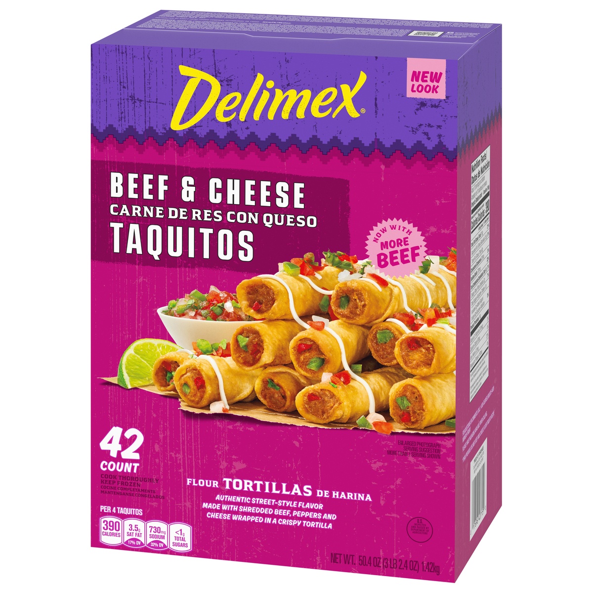 slide 3 of 9, Delimex Beef & Cheese Large Flour Taquitos Frozen Snacks, 42 ct Box, 50.4 oz
