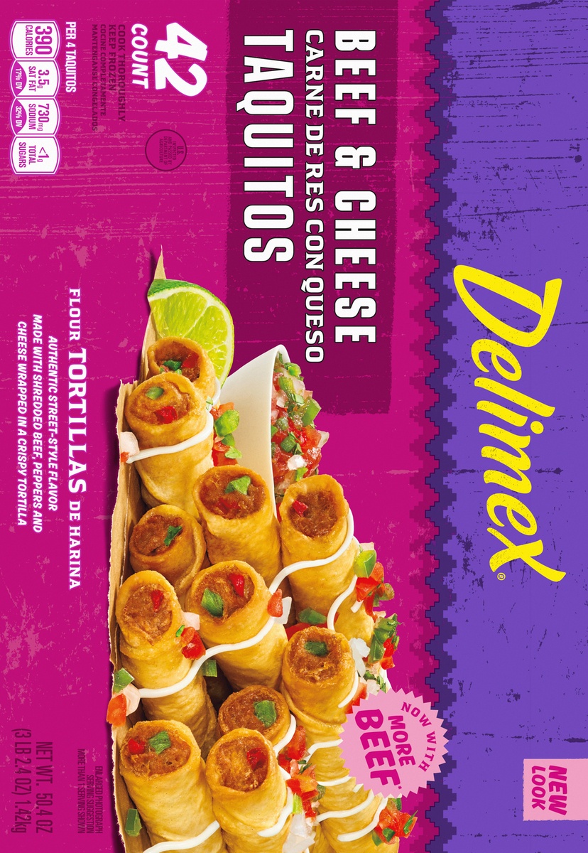 slide 4 of 9, Delimex Beef & Cheese Large Flour Taquitos Frozen Snacks, 42 ct Box, 50.4 oz