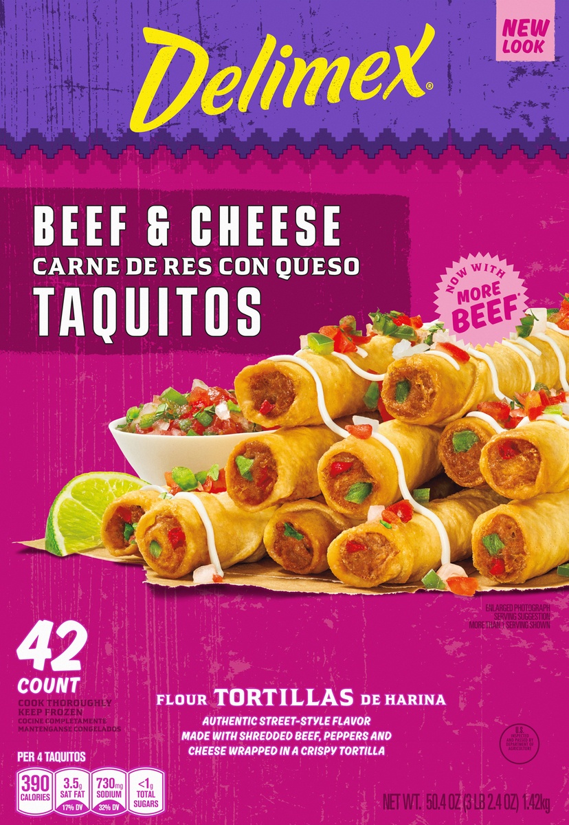 slide 6 of 9, Delimex Beef & Cheese Large Flour Taquitos Frozen Snacks, 42 ct Box, 50.4 oz