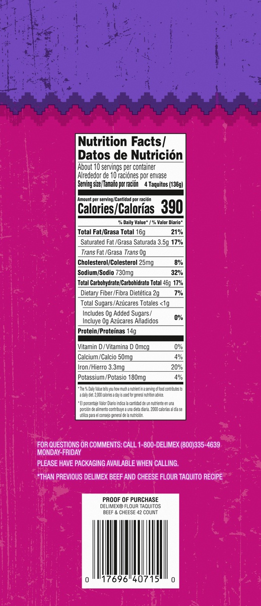 slide 8 of 9, Delimex Beef & Cheese Large Flour Taquitos Frozen Snacks, 42 ct Box, 50.4 oz