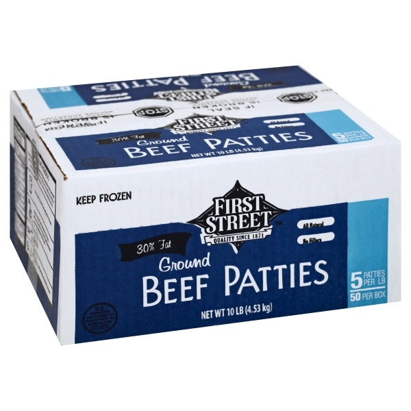 slide 1 of 1, First Street Ground Beef Patties Blue Box 70% Lean, 50 ct; 10 lb