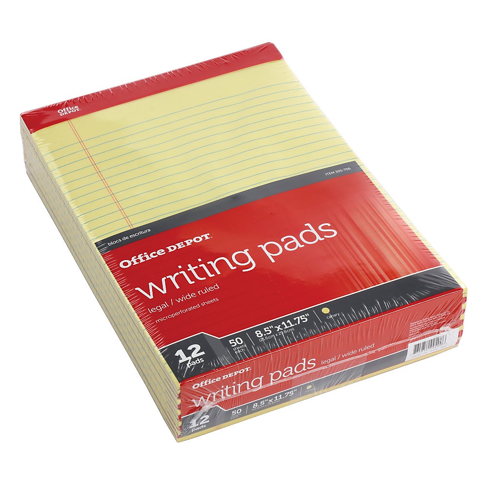 slide 1 of 1, Office Depot Perforated Writing Pads, 8-1/2'' X 11-3/4'', Legal Ruled, 50 Sheets, Canary, Pack Of 12 Pads, 12 ct